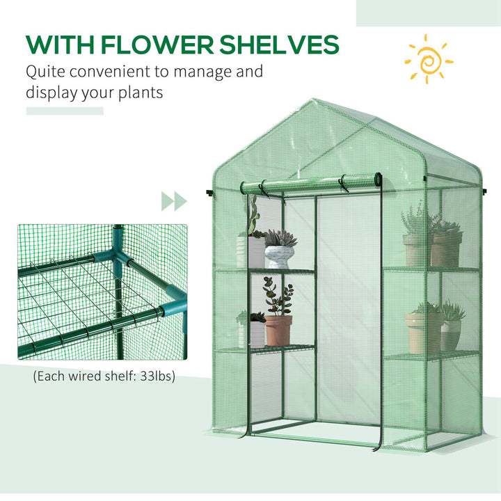 Outsunny 56" x 29" x 77" Walk-in Greenhouse, Mini Greenhouse with 4 Shelves, Roll-Up Door and Weatherized Cover, Clear