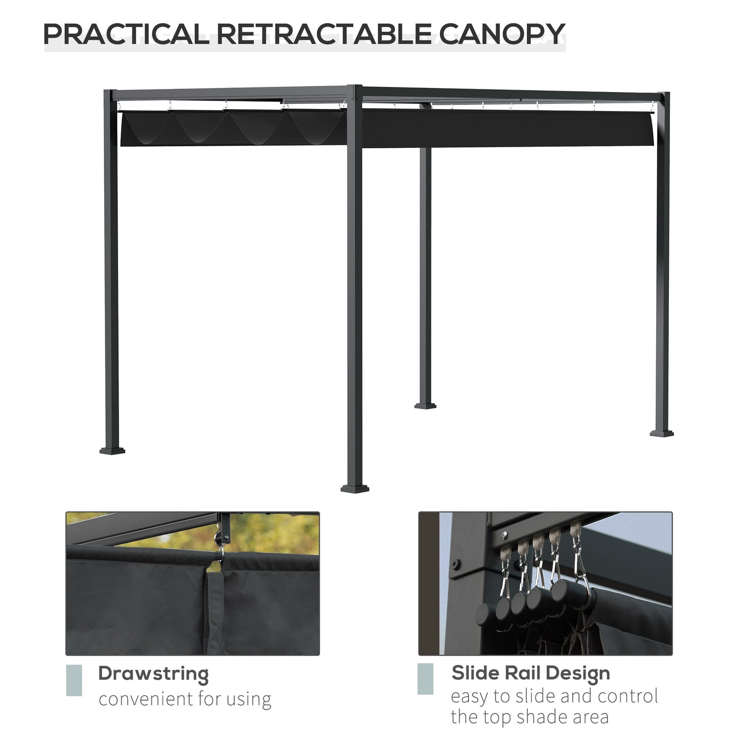 Outsunny 10x7ft Pergola with Retractable Roof Outdoor Patio Sun Shelter Garden Grape Tent Water-resistant Yard Shade Grey