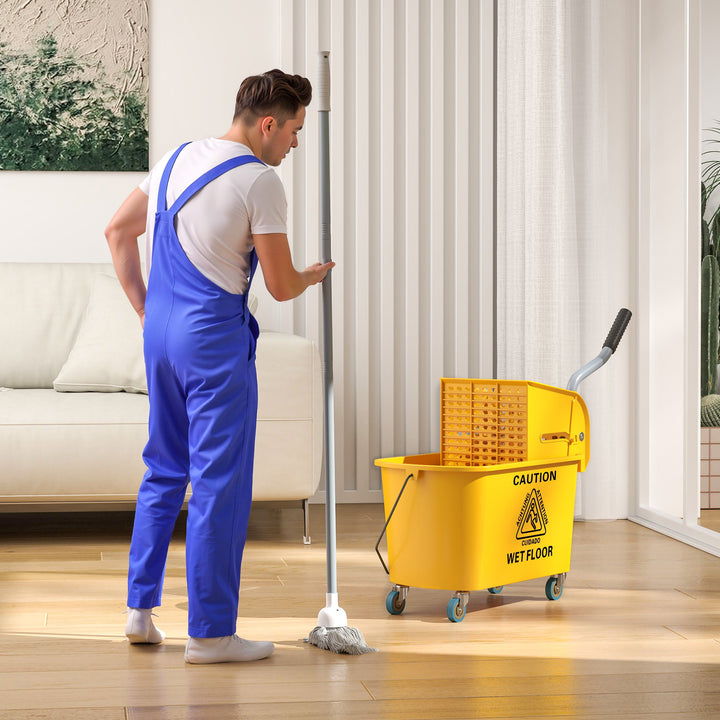 HOMCOM Mop Bucket with Wringer on Wheels for Floor Cleaning, 21 Quart Side Press Wringer with Handle and Mop, Yellow