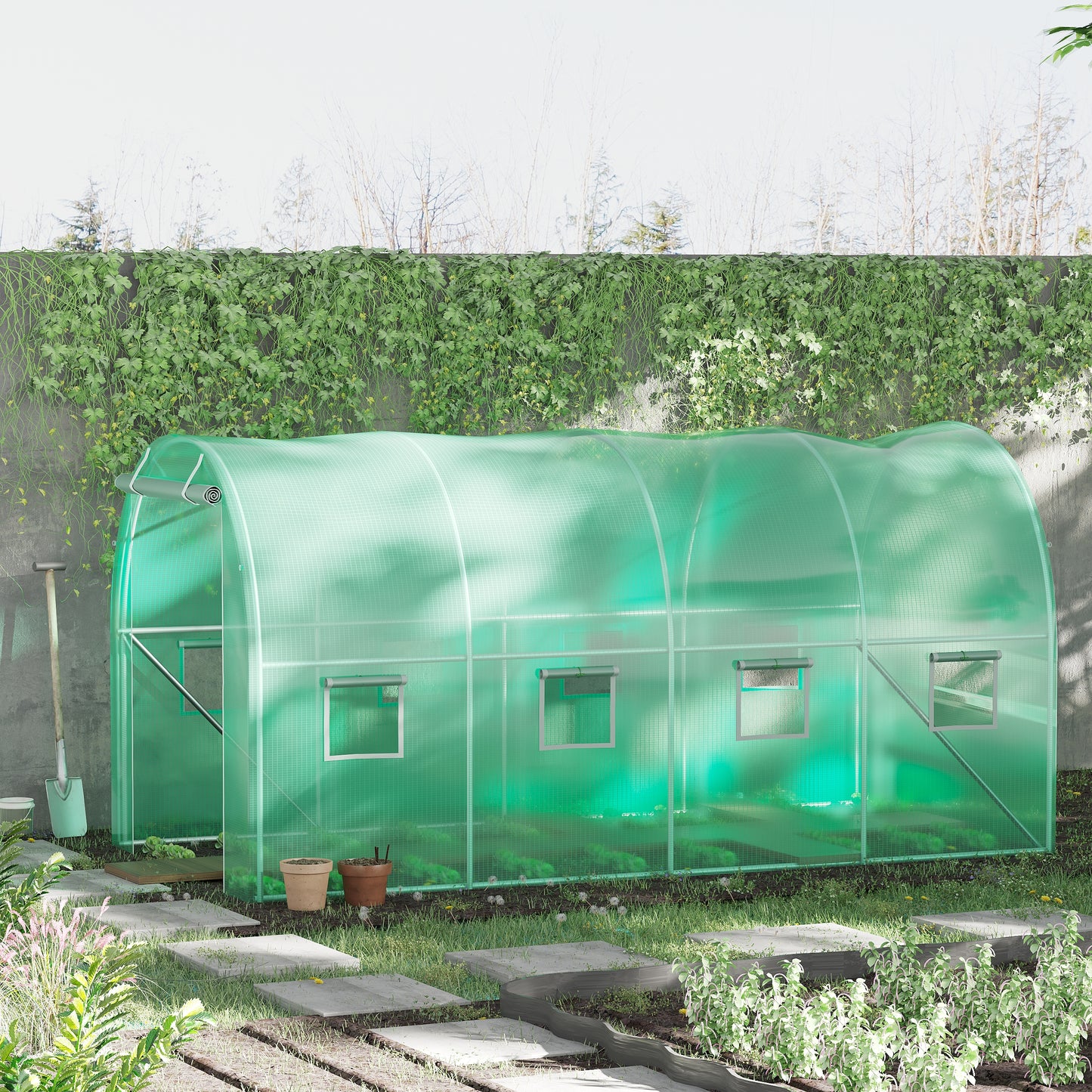 Outsunny Walk-in Tunnel Greenhouse, 13 x 6.4 x 6.5 ft Hoop House with Zipped Roll-Up Door and 8 Mesh Windows, Outdoor Greenhouse with Galvanised Steel Frame, Green