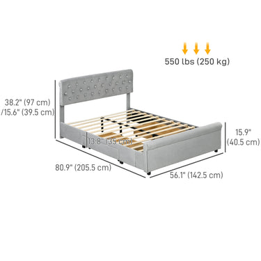 HOMCOM Full Bed Frame with Headboard, Double Bed Frame with 2 Drawers, No Box Spring Needed, Easy Assembly, Light Grey