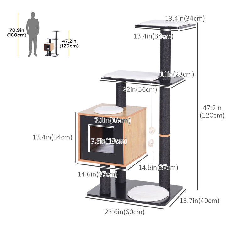 PawHut 47" Wood Cat Tree, Kitty Scratching Post, Kitten House, Condo Activity Center w/ Cushions, Pet Furniture
