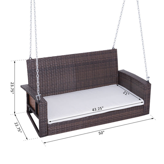 Outsunny 2-Person Patio Porch Swing Chair, Outdoor Rattan Hanging Bench with Cushion & 7.2 ft Steel Chains, Beige