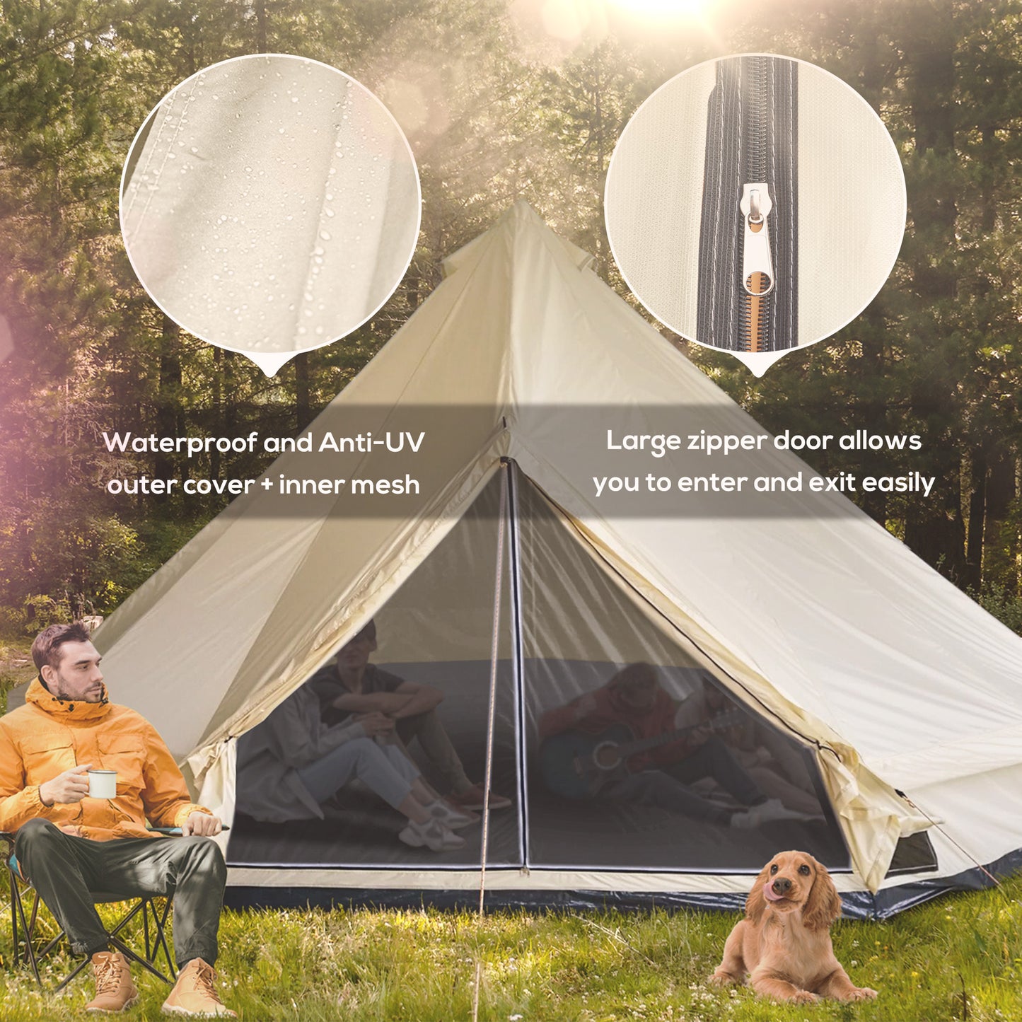 Outsunny 16.4' Large Family Teepee Tent Canvas Bell Tent Camp Shelter for Camping Hunting Beige