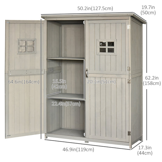 Outsunny 4x1.5ft Wooden Garden Storage Shed, Outdoor Tool Cabinet Organizer with Windows and Double Door, Grey