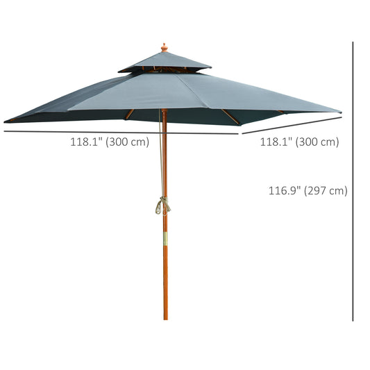 Outsunny 10x10ft Garden Market Parasol Wood Square Patio Umbrella Sunshade Canopy with 2 Pulley Pagoda Style Dark Grey
