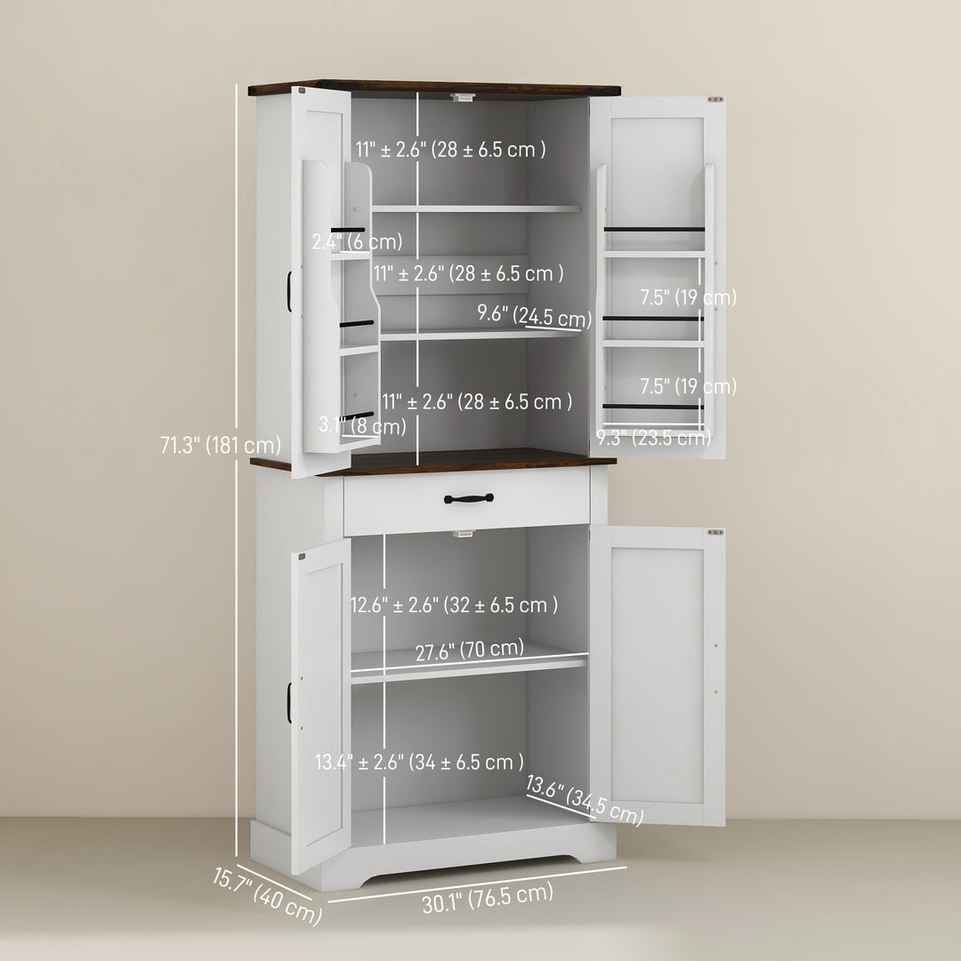 HOMCOM 71" Tall Kitchen Cabinet, Farmhouse Pantry Cabinet with Barn Doors, Drawer and Adjustable Shelves, White