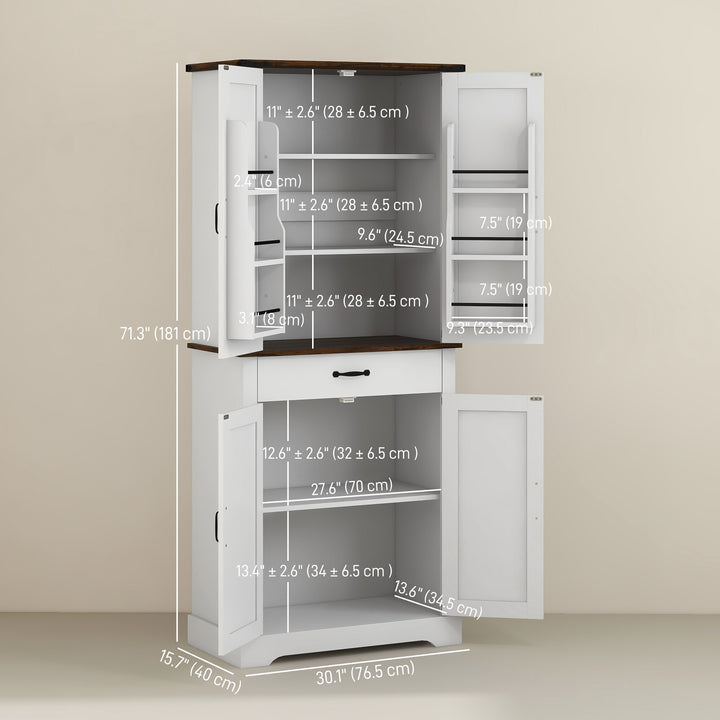 HOMCOM 71" Tall Kitchen Cabinet, Farmhouse Pantry Cabinet with Barn Doors, Drawer and Adjustable Shelves, White
