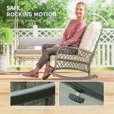 Outsunny Rattan Rocking Chair, Outdoor Wicker Patio Rocker Chair Furniture with Thick Cushions, for Garden Backyard Porch, Khaki