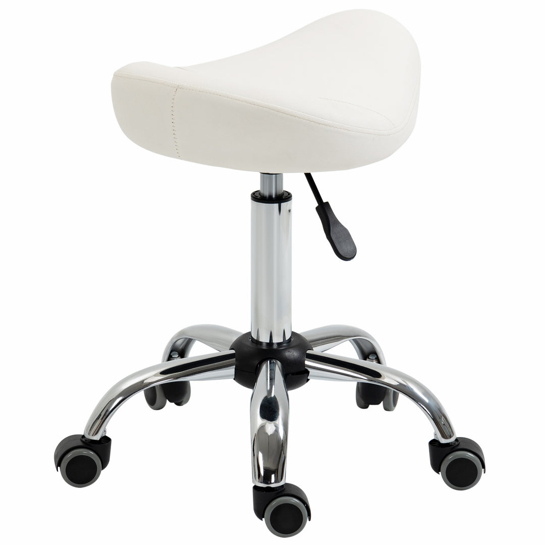 HOMCOM Saddle Stool, Height Adjustable Rolling Salon Chair with PU Leather for Massage, Spa, Clinic, Beauty and Tattoo, White