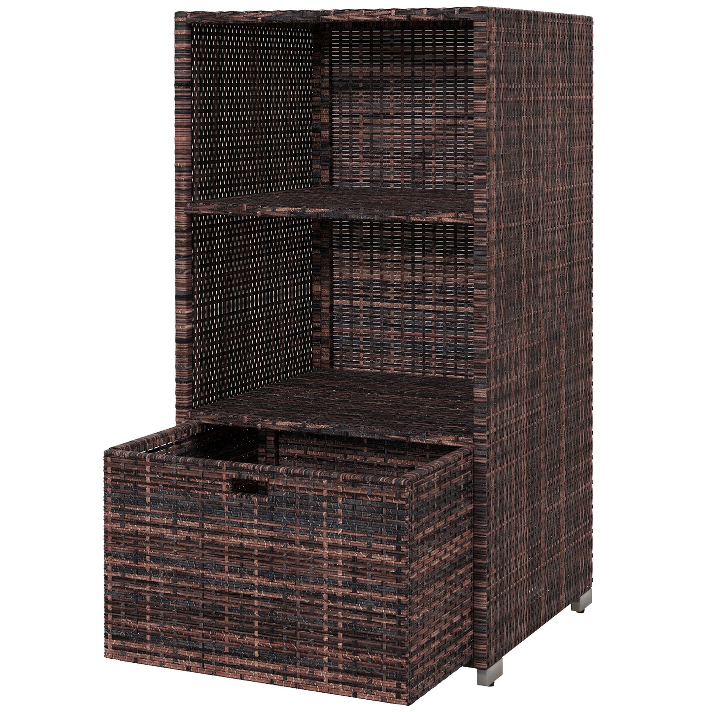 Outsunny Outdoor Storage Cabinet, Patio Storage Box Rack Rattan Wicker Pool Towel Valet Organizer Poolside Garden Lawn Bathroom Furniture Shelf w/ Shelf Drawer, Dark Brown