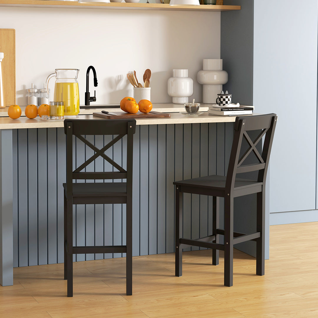 HOMCOM Counter Height Stools Set of 2, Farmhouse Bar Stools with Backs, Solid Wood Counter Stools for Kitchen Island