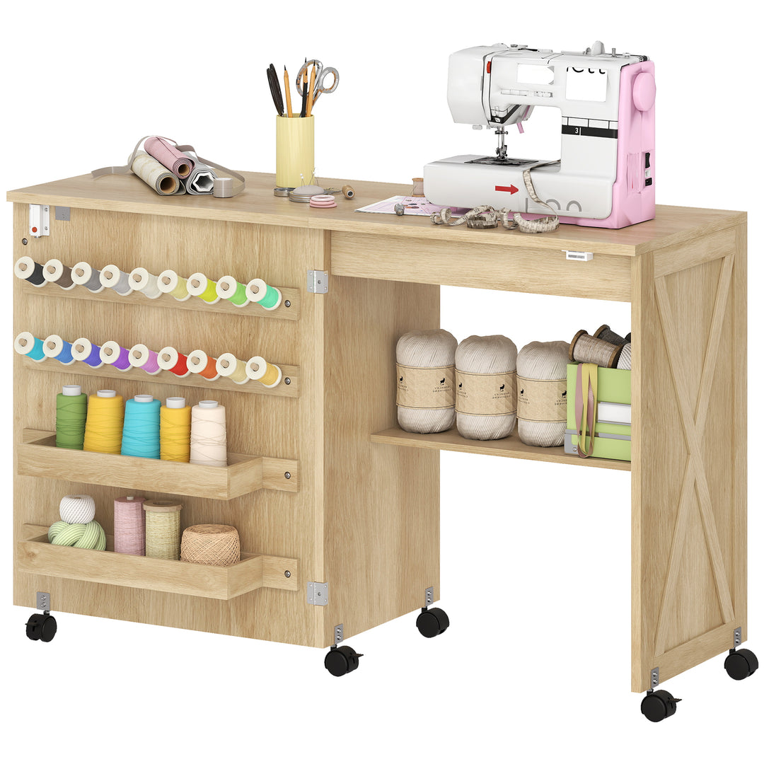 HOMCOM Sewing Machine Table on Wheels, Folding Craft Table with 2 Bins, Storage Shelf, 18 Pegs, Lockable Wheels, Brown