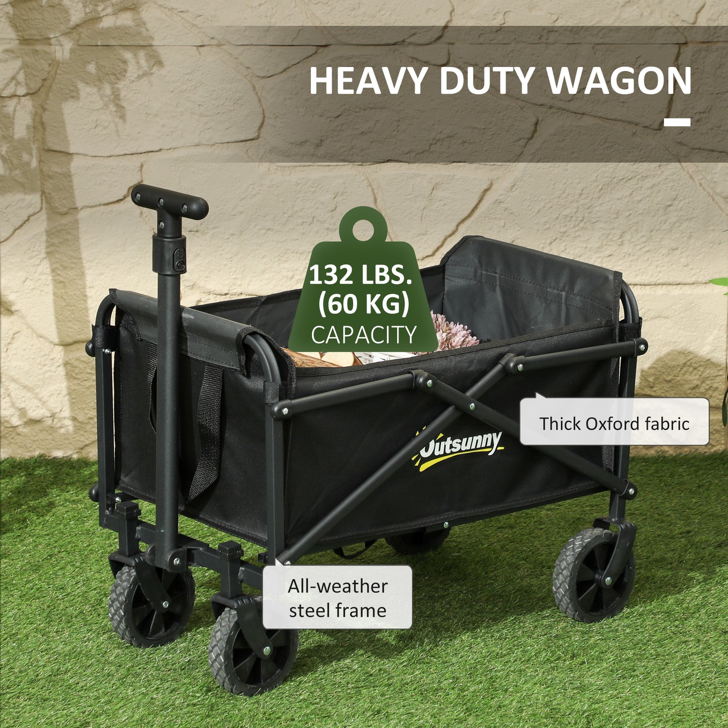 Outsunny Collapsible Folding Garden Cart, Heavy Duty Lawn Wagon with Universal Wheels and Adjustable Handle, Black
