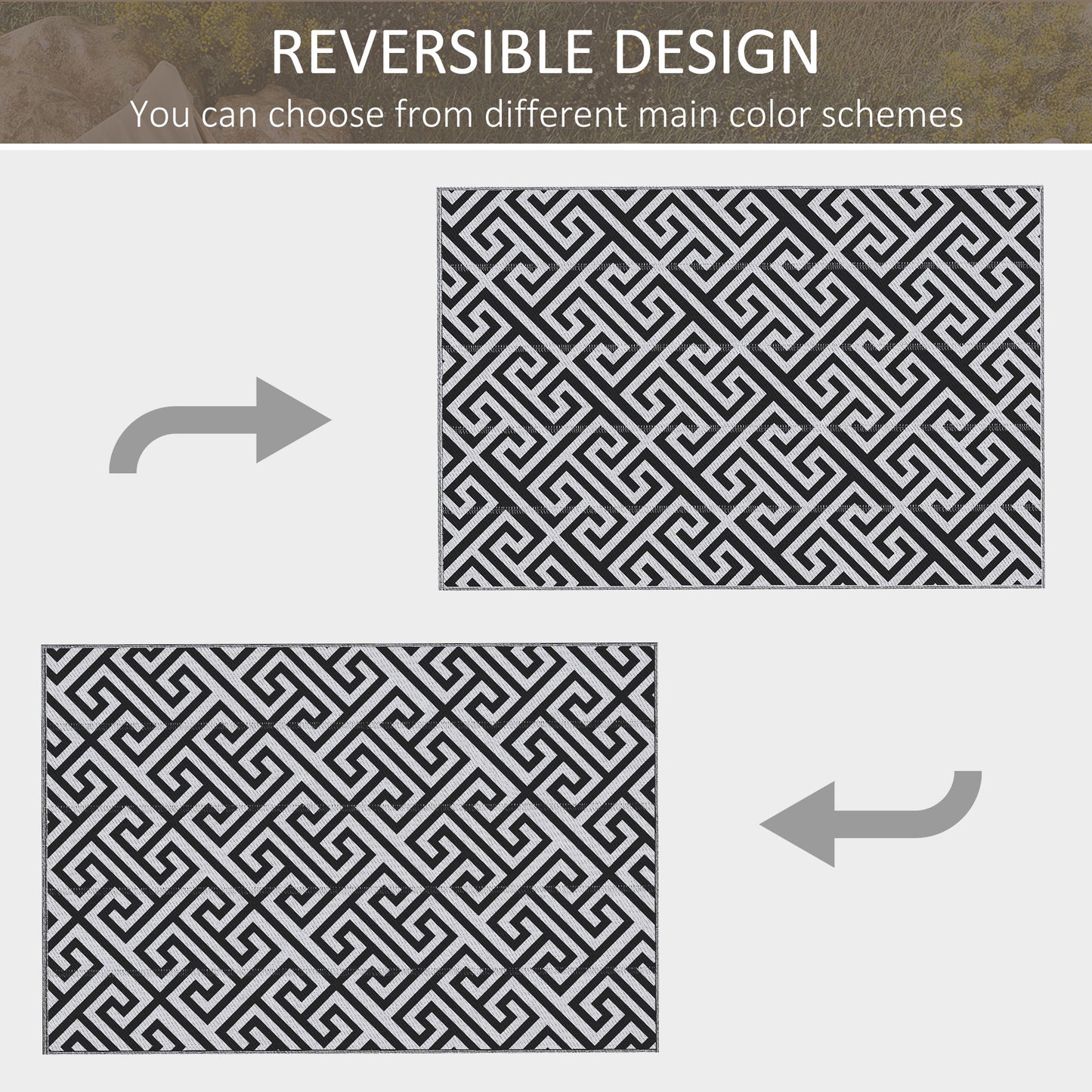 Outsunny Reversible Outdoor RV Rug, Patio Floor Mat, 6' x 9' Plastic Straw Rug for Backyard, Deck, Beach, Camping, Black & White