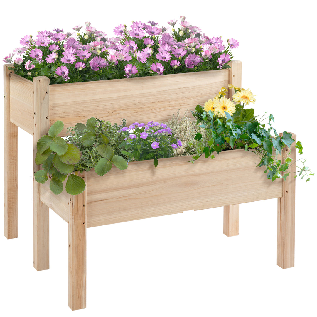 Outsunny 34"x34"x28" 2-Tier Raised Garden Bed Wooden Planter Box for Backyard, Patio to Grow Vegetables, Herbs, and Flowers