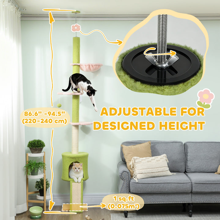PawHut 87"-94.5" Floor to Ceiling Cat Tree with Sisal Scratching Post, Condo, Hammock, Ramp, Perches, Green