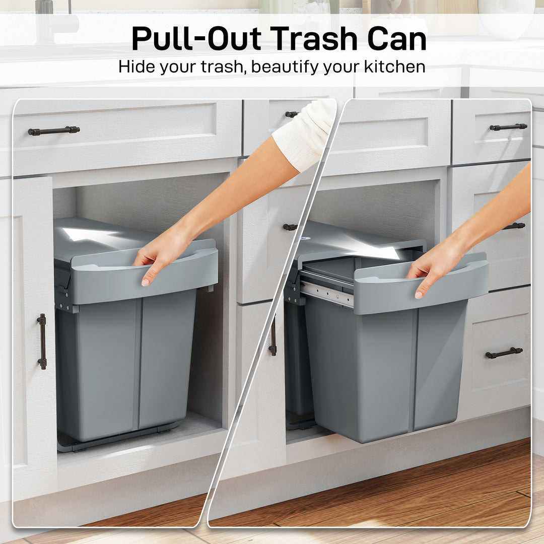 HOMCOM Pull Out Trash Can Under Cabinet, 10.6 Gallon (40L) Slide Out Garbage Can with 2 Removable Compartments, Grey