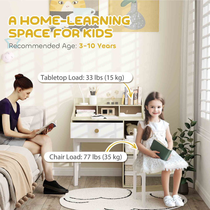 Qaba Kids Desk and Chair Set with Storage Shelves, Drawer, for 3-10 Years, White