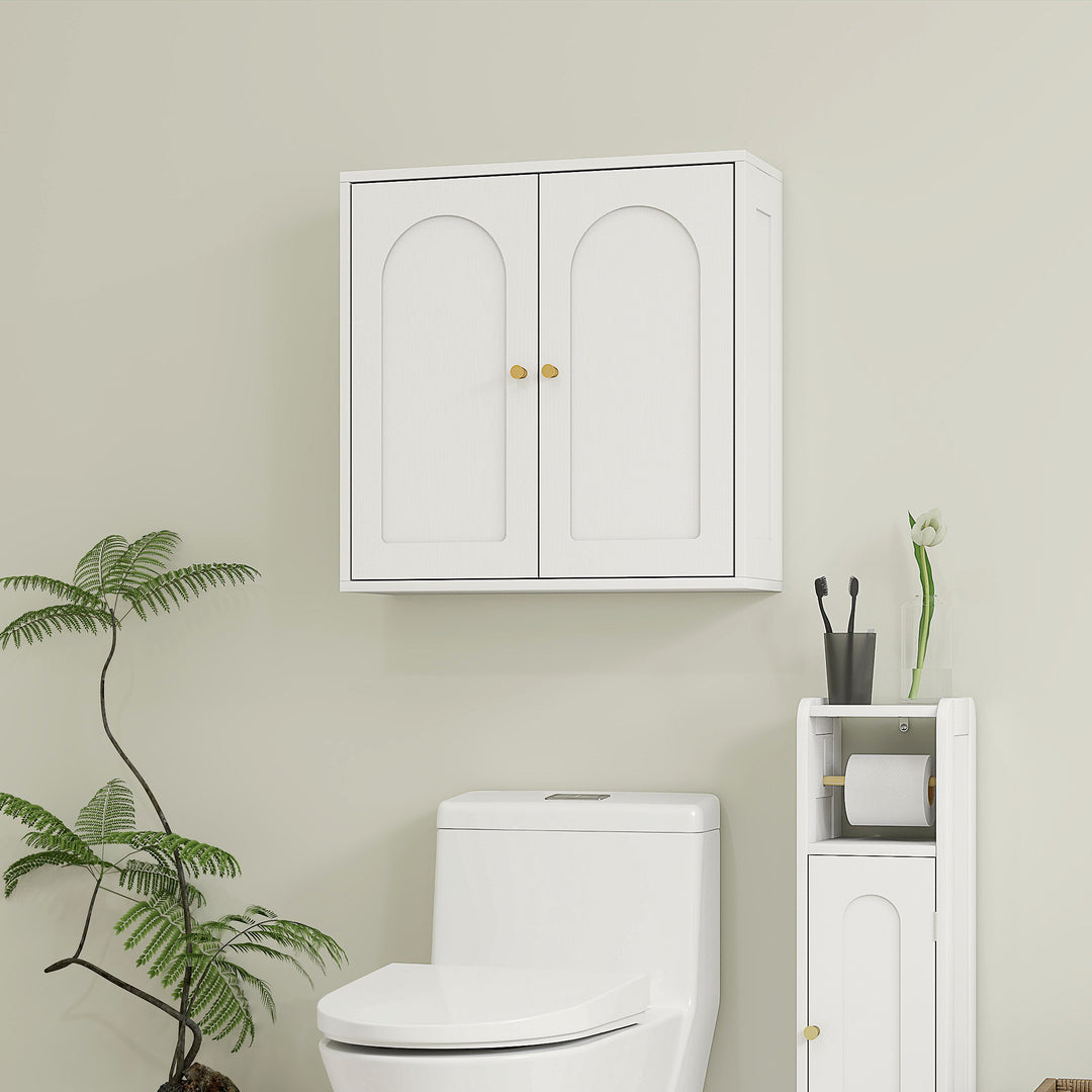HOMCOM Medicine Cabinet, Modern Bathroom Wall Cabinet with 2 Arched Doors and Gold Handles, White Wood Grain