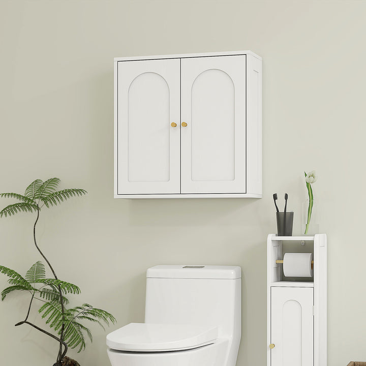 HOMCOM Medicine Cabinet, Modern Bathroom Wall Cabinet with 2 Arched Doors and Gold Handles, White Wood Grain