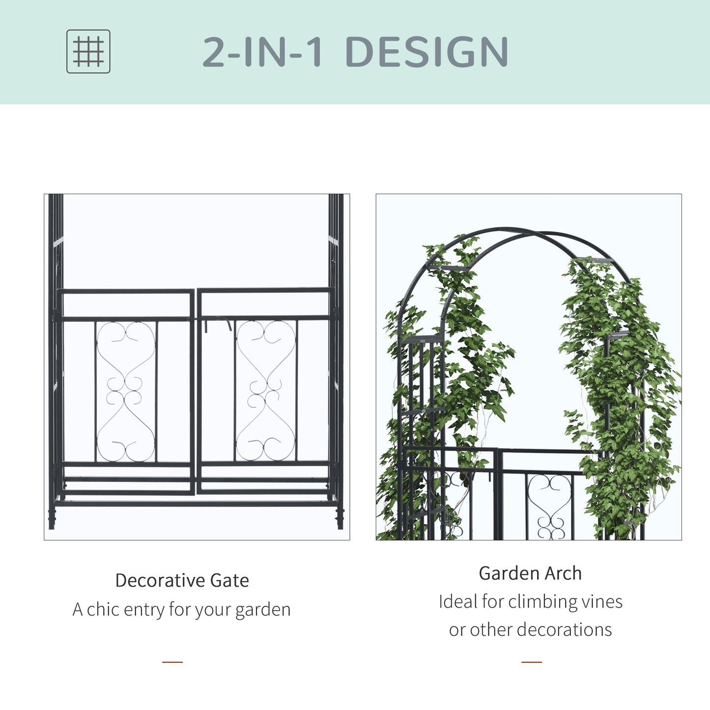 Outsunny 6.7 FT Steel Garden Arch with Gate Outdoor Courtyard Arbor for Climbing Vine Plants Lawn Backyard Decoration Dark Grey