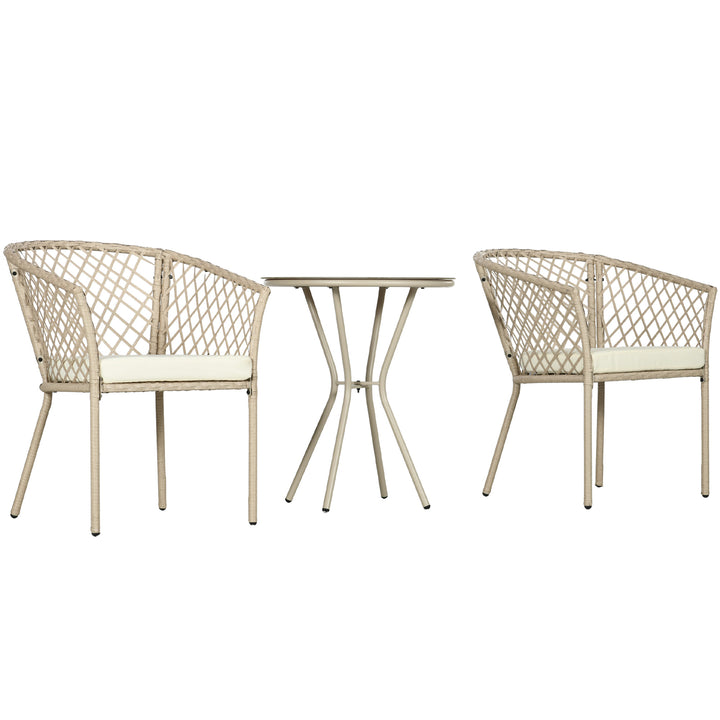 Outsunny 3 Pieces Patio Furniture Outdoor PE Rattan Bistro Set w/ Seat Cushions, Glass Table for Garden, Backyard, Beige