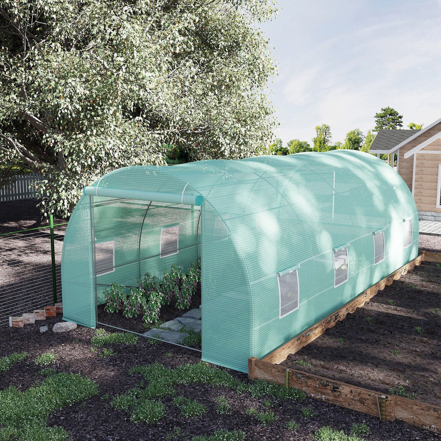 Outsunny Walk-in Greenhouse 20x10x7ft Heavy Duty Outdoor Backyard Seed Plant Vegetables Grow Warm House Green