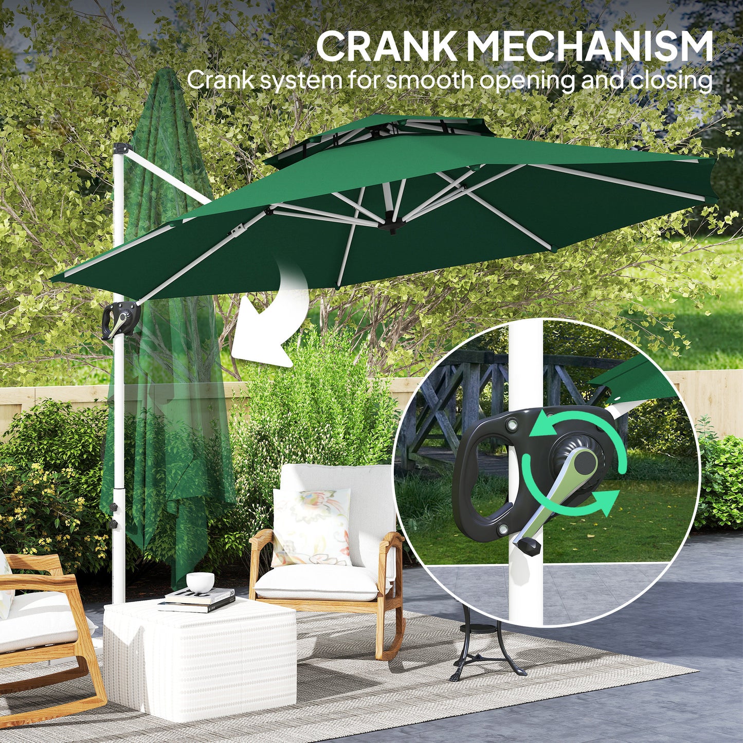 Outsunny 10 FT Cantilever Patio Umbrella with 360Â° Rotation & Adjustable Height, Cross Base, Crank and Tilt, Dark Green