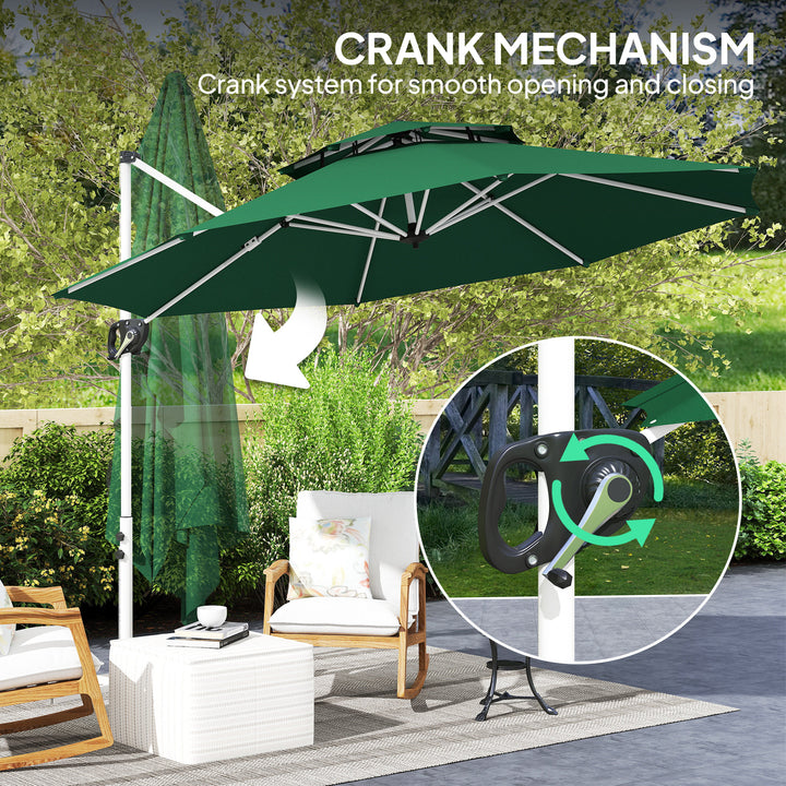 Outsunny 10 FT Cantilever Patio Umbrella with 360° Rotation & Adjustable Height, Cross Base, Crank and Tilt, Dark Green