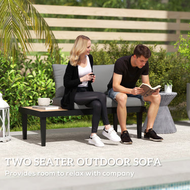 Outsunny 2 Seater Patio Sofa, Outdoor Sofa Couch with Wood Grain Side Tray and Cushions for Balcony, Backyard, Grey