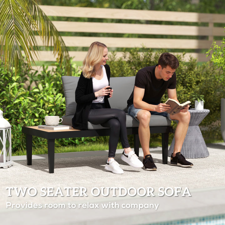Outsunny 2 Seater Patio Sofa, Outdoor Sofa Couch with Wood Grain Side Tray and Cushions for Balcony, Backyard, Grey