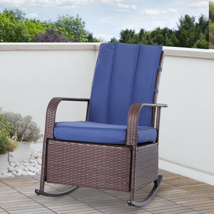 Outsunny Outdoor Wicker Rocking Chair with Cushion, Patio PE Rattan Recliner Chair with Adjustable Footrest, Armrests, Dark Blue