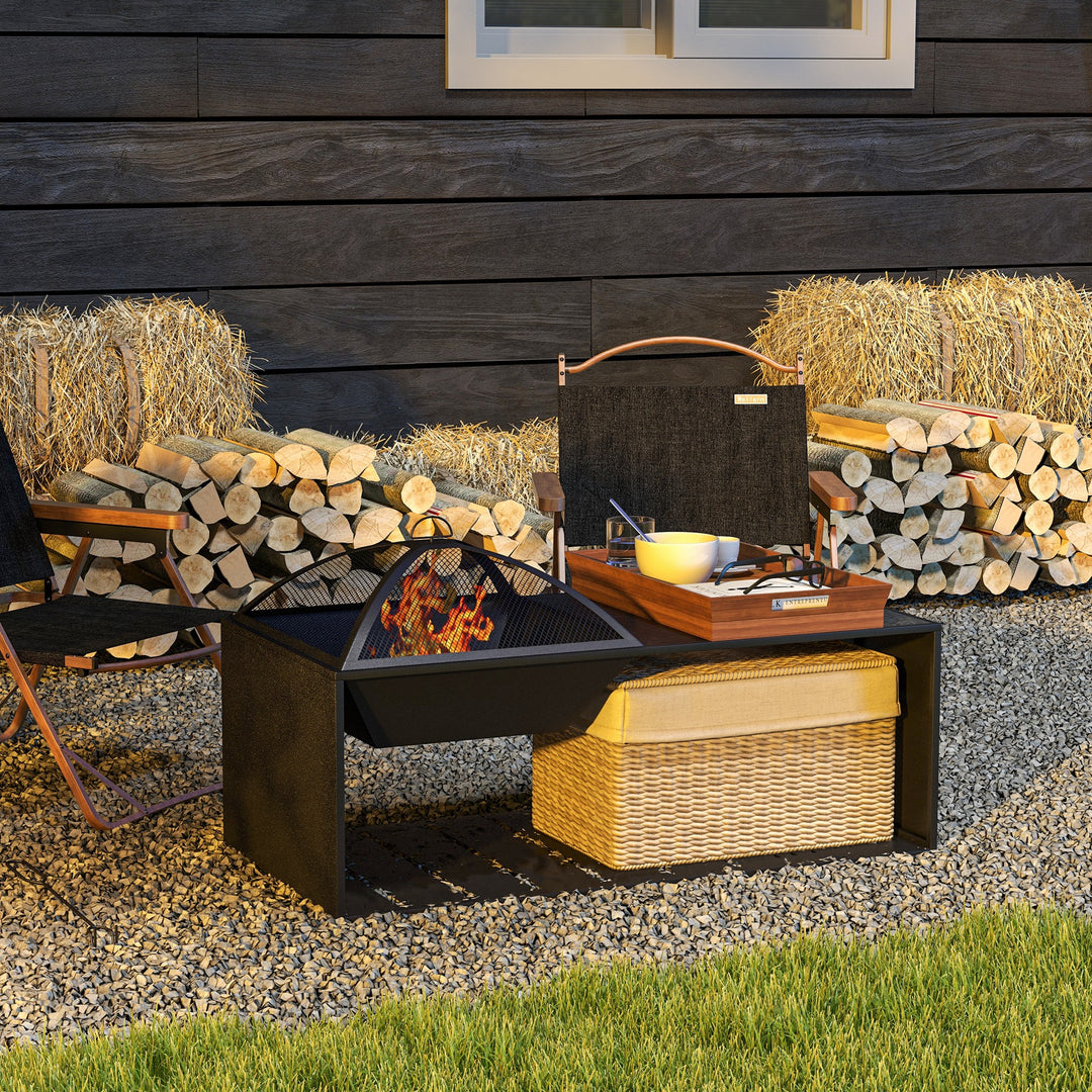 Outsunny Fire Pit Coffee Table with Storage Shelf, Wood-burning Firepit with Spark Screen and Poker, Black