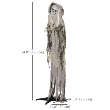 Outsunny 6ft Life Size Outdoor Halloween Decoration Skeleton Witch, Animated Prop with Light Up Eyes, Spooky Sound