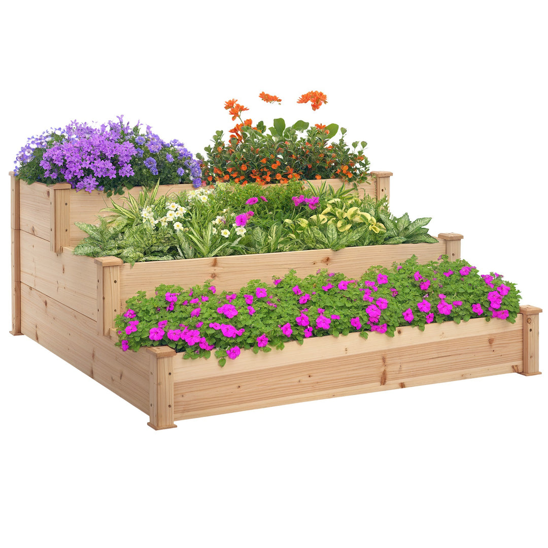 Outsunny 49"x49"x22" 3-Tier Raised Garden Bed Wooden Planter Kit Elevated Plant Box Stand for Yard & Patio, Natural