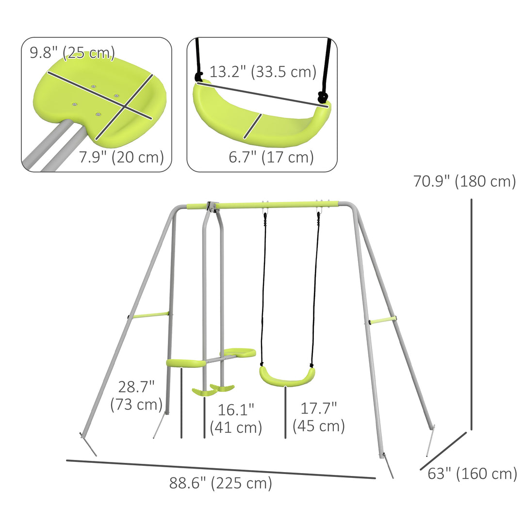 Outsunny Swing Set for Kids, Heavy Duty A-Frame Metal Swing Frame with Glider, Swing Seat, Ground Stakes for Backyard, Green