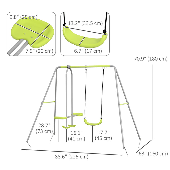 Outsunny Swing Set for Kids, Heavy Duty A-Frame Metal Swing Frame with Glider, Swing Seat, Ground Stakes for Backyard, Green