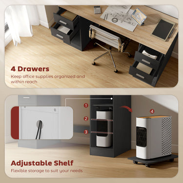 HOMCOM Office Desk, 55" Computer Desk with 4 Reversible Drawers, Mobile PC Stand, Adjustable Shelf, Black Wood Grain