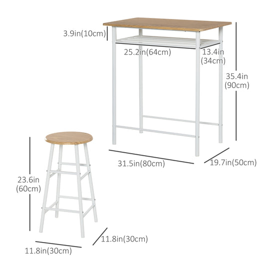 HOMCOM 3 Piece Counter Height Bar Table Set with 1 Table, 2 Matching Stools, Dining Table Set with Storage Shelf and Metal Frame Footrest, White and Oak