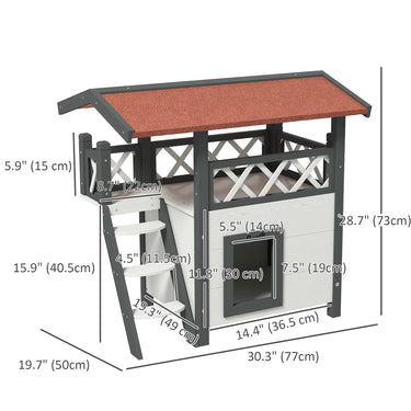 PawHut Wooden 2-Story Shelter for Feral Cats with Asphalt Roof, Stairs, Balcony, 30" x 20" x 29", White
