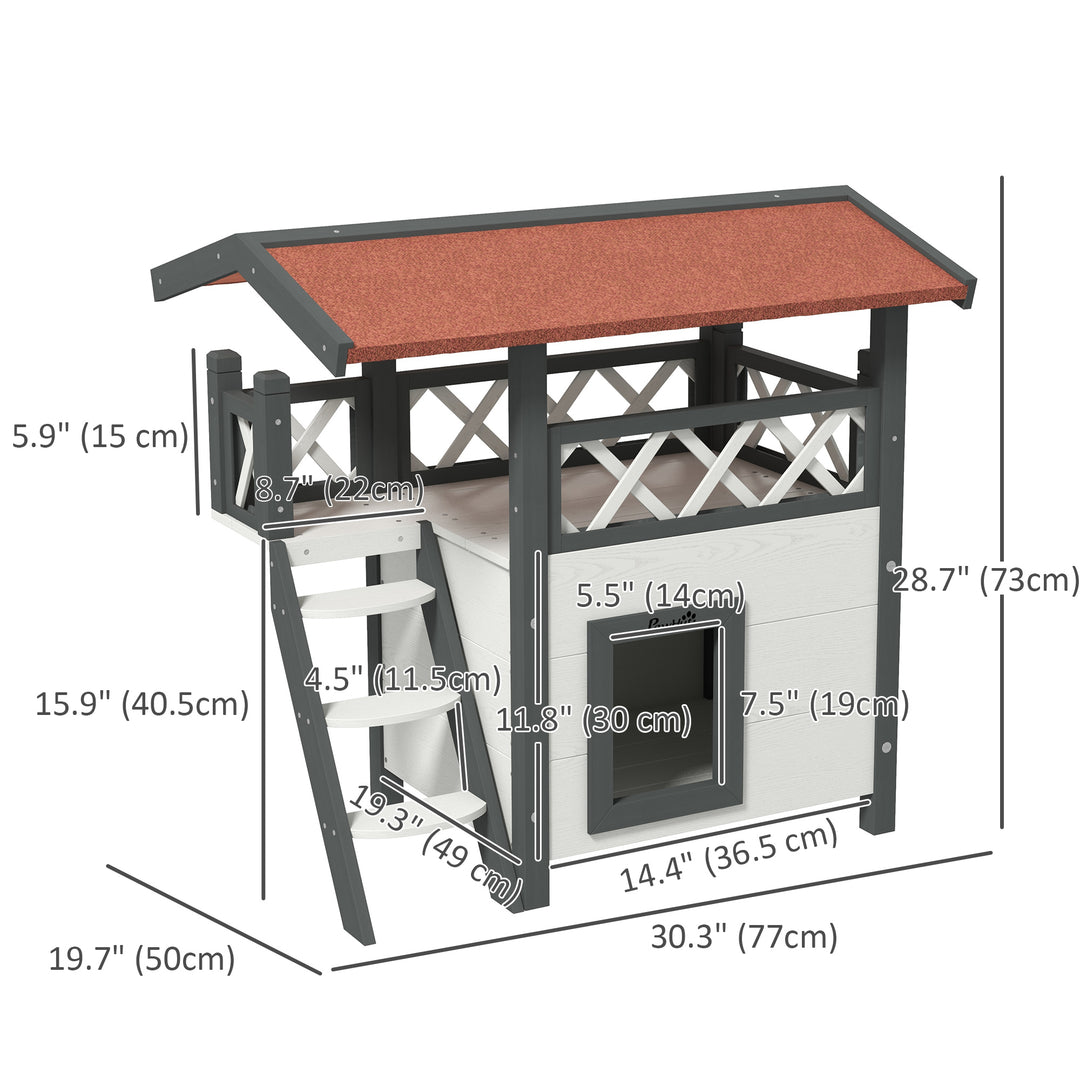 PawHut Wooden 2-Story Shelter for Feral Cats with Asphalt Roof, Stairs, Balcony, 30" x 20" x 29", White