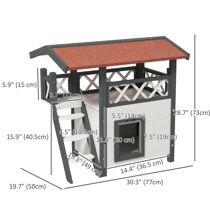 PawHut Wooden 2-Story Shelter for Feral Cats with Asphalt Roof, Stairs, Balcony, 30" x 20" x 29", White
