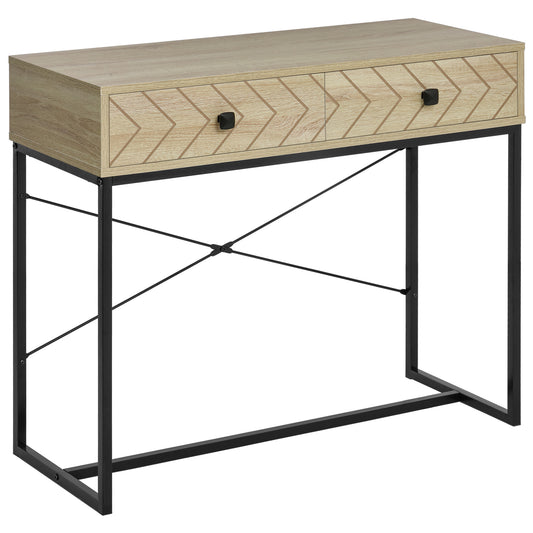 HOMCOM 36" Console Table with 2 Storage Drawers, Narrow Entryway Table with Metal Frame and Back X-Bar for Behind Couch, Living Room, Study Room, Office