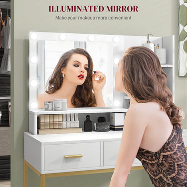 HOMCOM Illuminated Dressing Table, LED Vanity Table with Mirror, 3 Drawers and Storage Shelves for Bedroom, White