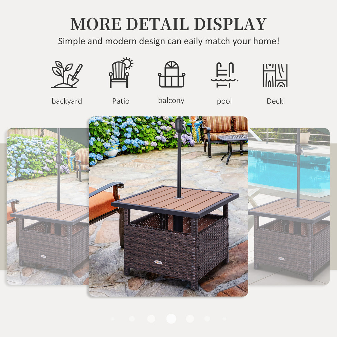 Outsunny 22" Square Steel PE Rattan Wicker Table With Umbrella Hole, Outdoor Patio Accent Dining Side Table Used as Umbrella Stand, Brown
