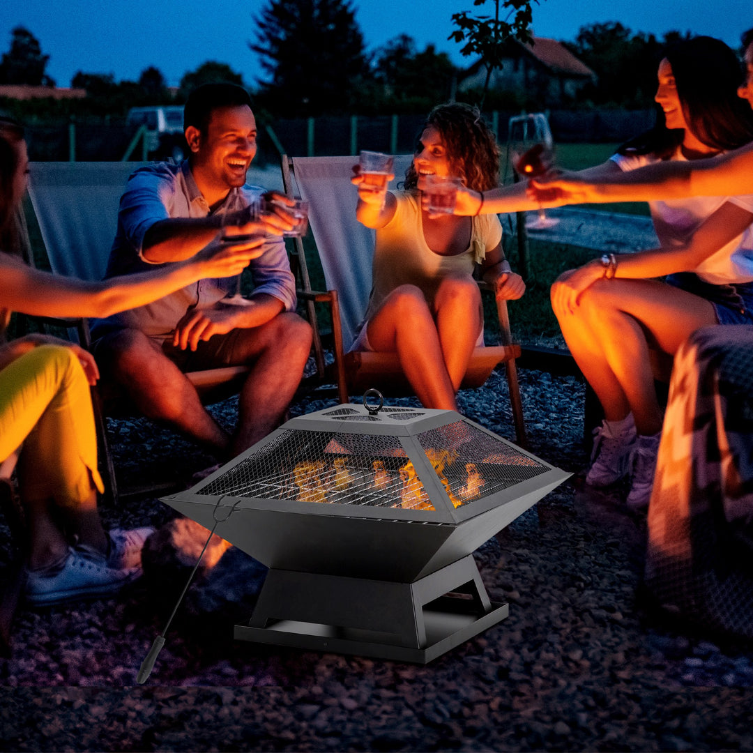Outsunny Wood Burning Portable Fire Pit, Outdoor Firepit with Cooking BBQ Grill, Spark Screen, Poker for Backyard, Black