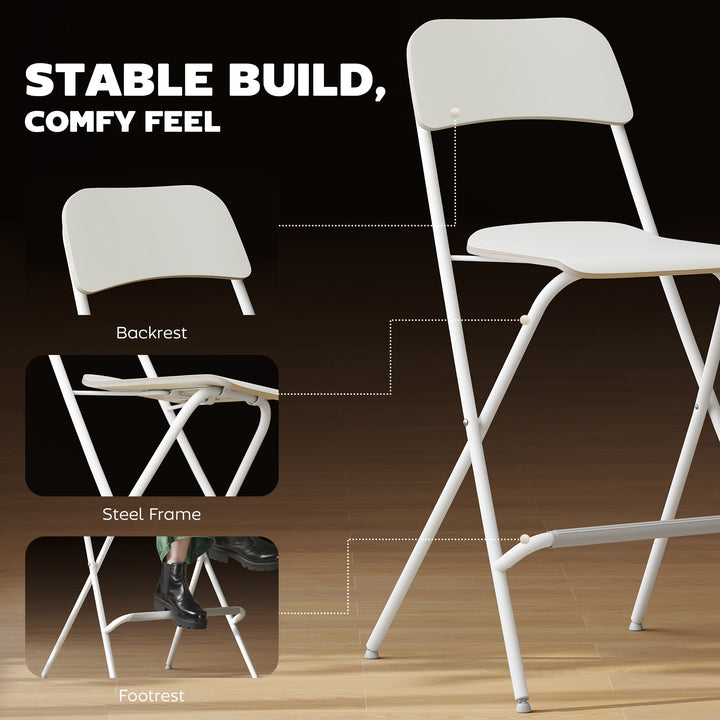 HOMCOM Folding Bar Stools Set of 2, Counter Height Foldable Stool with Wooden Effect Seat and Steel Frame for Kitchen, White