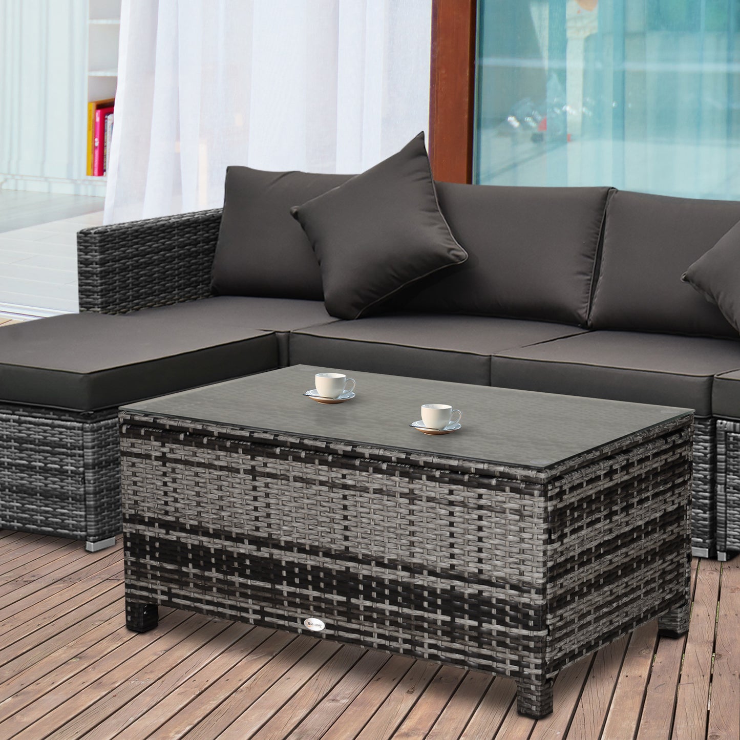 Outsunny Outdoor PE Rattan Wicker Table, Patio Garden Side Table w/Glass Top for Patio, Balcony, Mixed Grey