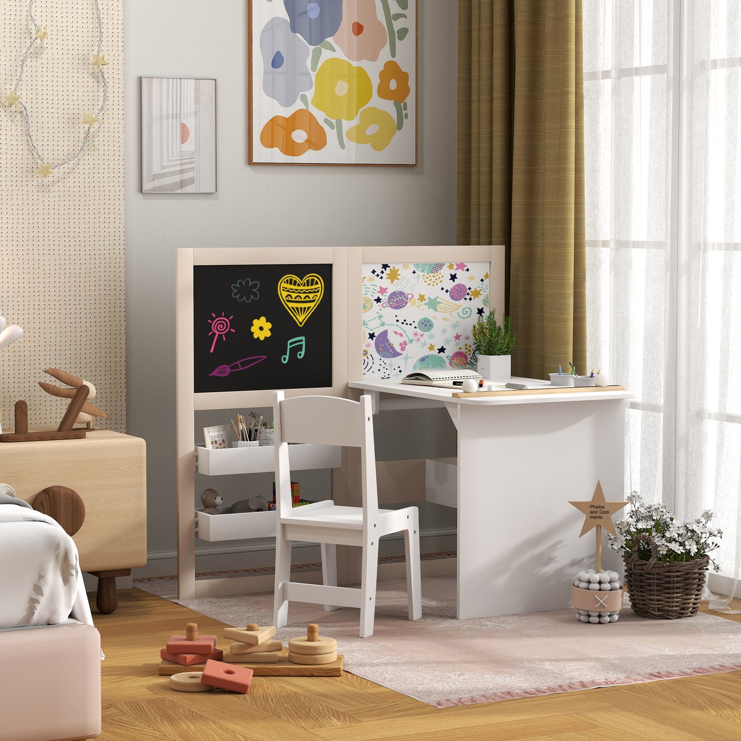 Qaba 3 in 1 Kids Table and Chair Set with Foldable Easel, Storage Shelves, Roll Paper, White